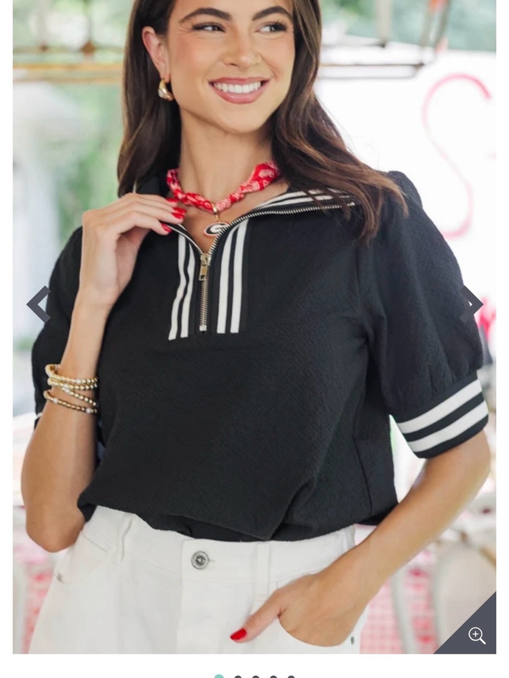 Black Zip-Front Puff Sleeve Top with Contrast Stripes